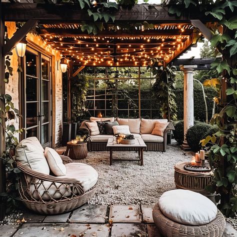 Magical Patio Ideas, Cozy Pergola, Patio Setup, Warm String Lights, Outdoor Pavillion, Crickets Chirping, Houses Inside, Cottage Outdoor, Rooftop Patio Design