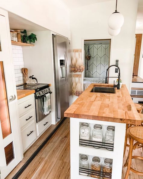 Lacey • RV life shared a photo on Instagram: “Beams or no beams. That is the question. Will my brain ever stop rearranging this tiny home of…” • See 534 photos and videos on their profile. Kitchen With Wooden Countertops, Rv Storage Ideas, Rv Kitchen Remodel, Rv Interior Remodel, Camper Interior Design, Camper Kitchen, Kitchen Goals, Wooden Countertops, Camper Trailer Remodel