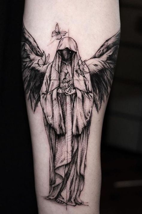 Angel Tattoo Angel Tattoo Arm, Sleeve Reference, Dark Angel Tattoo, Angel Tattoo For Women, Alas Tattoo, Fallen Angel Tattoo, Protection Tattoo, Autumn Tattoo, Skull Sleeve Tattoos