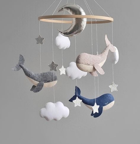 By CutePatternUA on Etsy Felt Whale, Sea Mobile, Felt Tutorial, Whale Mobile, Ocean Nursery Decor, Hanging Crib, Stars Baby Mobile, Christmas Tree Advent Calendar, Whale Plush