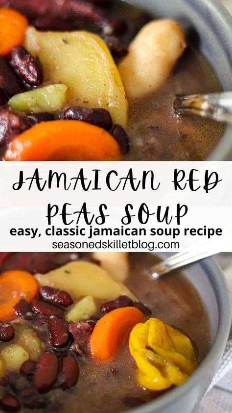 Jamaican Red Peas Soup is a classic Jamaican soup that's bursting with a mix of Caribbean herbs, spices and flavour! It's made with red kidney beans and beef to make the most delicious base for the soup and loaded with dumplings, carrots, and hearty ground provision, such as yams and potatoes. This dish can easily be prepared with just vegetables making it a great vegetarian or vegan dish as well! Jamaican Peas Soup, Kidney Bean Soup Recipes, Jamaican Vegetable Soup, Red Peas Soup Jamaican Recipe, Red Pea Soup Jamaican, Jamaican Pepper Pot Soup, Jamaican Soup Recipes, Jamaican Red Bean Soup, Jamaican Red Peas Soup