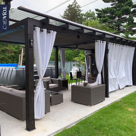 Toja Grid’s Instagram photo: “Check out this very creative & custom cabana build by @Liorohayon55! "I used pressure-treated wood, a back wall made from wood siding, and…” Double Pergola, Diy Pergola Kits, Electric Outlets, Toja Grid, Tropical Landscape Design, Backyard Sanctuary, Backyard Buildings, Modern Pergola, Backyard Renovations