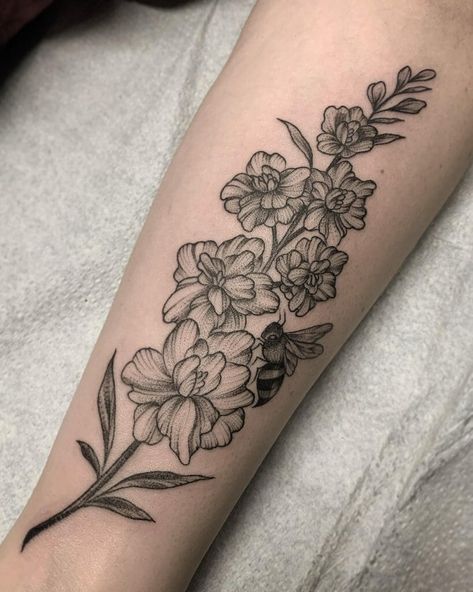 Flower Outline Tattoo, Larkspur Flower Tattoos, Larkspur Tattoo, White Larkspur, Tattoo Black And White, Larkspur Flower, Tattoo Process, Beautiful Flower Tattoos, 4 Tattoo