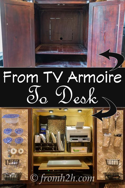 Have an old TV Armoire that you don't use anymore? Find out how to re-purpose it into a functional, organized desk with a slide-out laptop shelf. | How To Convert A TV Armoire To A Desk Tv Armoire Repurposed Armoires & Wardrobes, Office Armoire, Armoire Repurpose, Armoire Desk, Computer Armoire, Armoire Makeover, Pegboard Storage, Tv Armoire, Bedroom Armoire