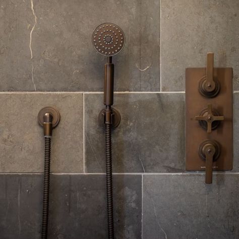 Bathroom Bronze Fixtures, Bronze Bathroom Fixtures, Master Bath Shower, Bronze Bathroom, Bathroom Fittings, Shower Rail, Rustic Bathrooms, Design Movements, Weight Control