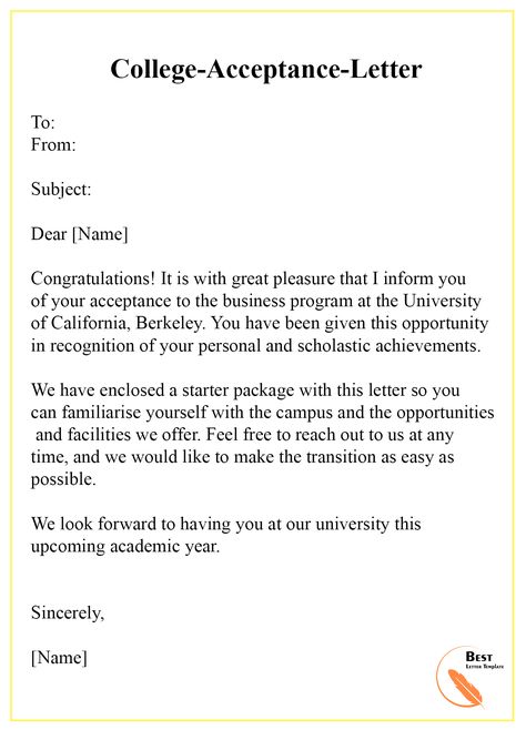 College Acceptance Letter Template – Format, Sample & Examples | Best Letter Template University Acceptance Letter, University Acceptance, Formal Letter Template, College Acceptance Letter, Request Letter, College Letters, Business Letter Format, College Vision Board, A Formal Letter