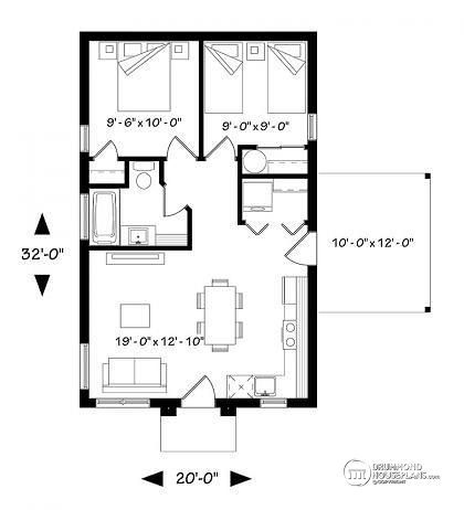 1st level Small affordable modern 2 bedroom home plan, open kitchen and family room, side deck - Maxence Canadian Cottage, Two Bedroom Tiny House, Small Cottage House Plans, Small Cottage Homes, Cottage Floor Plans, Cabin Floor Plans, Small House Floor Plans, Tiny House Floor Plans, Tiny Cottage