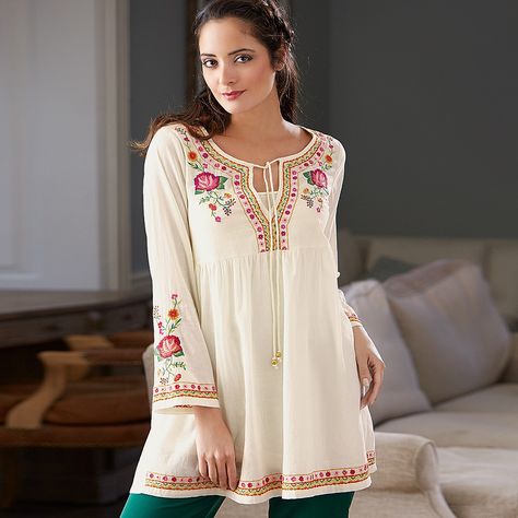 Traditional Embroidered Festive Tunic, Traditional Floral Embroidered Tunic Top, Traditional Embroidered Cotton Tunic, Traditional Embroidered Tunic Top, Bollywood Style Embroidered Long Sleeve Tunic, Embroidered Tunic Top, Embroidery On Kurtis, Kurti Embroidery Design, Tunic Pattern