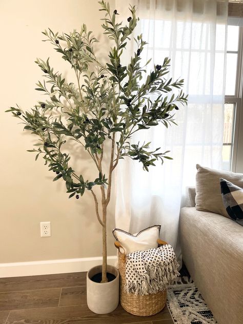 Artificial Trees In Living Room, Olive Artificial Tree, Home Tree Decor, Olive Plant Decor, Indoor Fake Tree Decor Living Rooms, Living Room Corner Ideas Plants, Olive Tree Home Decor, Olive Tree Decoration, Faux Olive Tree Living Room