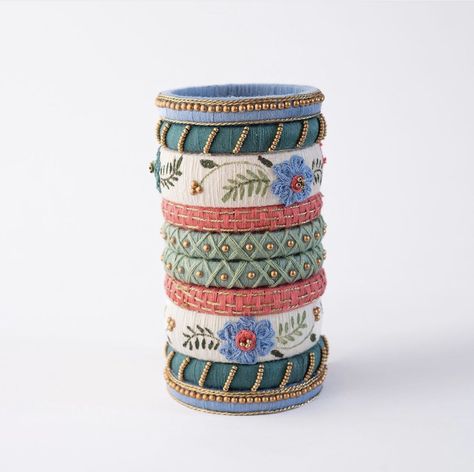 Embroidery Bangle Designs, Silk Bangles Handmade, Cotton Thread Jewellery, Handmade Bangles Thread, Cotton Thread Bangles, Handmade Bangles Ideas, Fabric Bangles Handmade, Embroidered Bangles, Embroidery Bangles