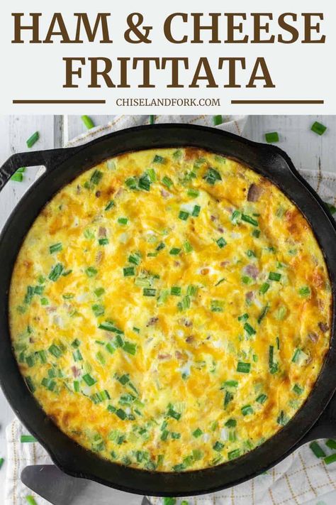 With leftover ham, cheese and green onions, this ham and cheese frittata is quick to prepare and can be eaten for breakfast, lunch or dinner. #hamandcheesefrittata #frittata #eggs | chiselandfork.com Meat Frittata Recipes, Ham And Spinach Frittata, Ham And Cheese Frittata Recipes, Ham Frittata Recipes, Cheese Frittata Recipes, Fritatta Recipe Breakfast, Breakfast Frittata Recipes, Ham And Cheese Frittata, Oven Baked Frittata