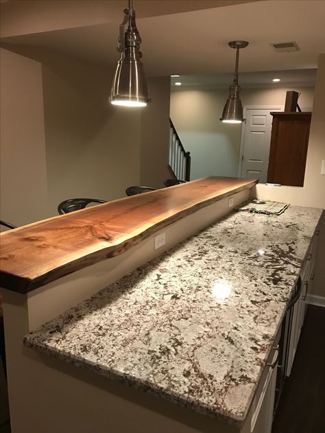 Bar Top Island, Bar Edge Ideas, Live Edge Oak Countertop, Wooden Bar Top Basement, Granite Bar Top Ideas, Live Edge Countertop Bar Tops, Live Edge Bar Counter, Love Edge Bar Top, Raised Countertop Bar