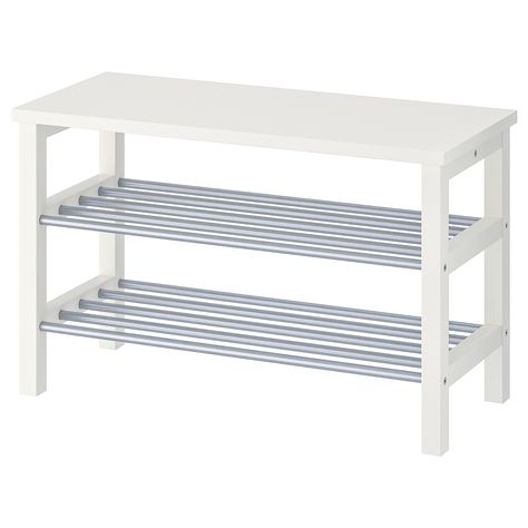 IKEA - TJUSIG, Bench with shoe storage, white, Holds min. 6 pairs of shoes. May be completed with FIXA self-adhesive floor protectors; protect the underlying surface against wear. Combines with other products in the TJUSIG series. Ikea Leksvik, Shoe Storage White, Ikea Trones, Closet Organizers & Garment Racks, Hemnes Shoe Cabinet, Ikea Shoe, Shoe Storage Solutions, Boot Room, Storage Closet Organization