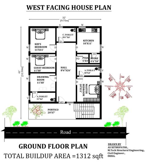 32'X41' West facing 3bhk house plan with Furniture as per Vastu Shastra.Download now Free. - Cadbull 3bhk House Plan, West Facing House, Vastu House, Rest House, House Layout Plans, Drawing Block, Puja Room, Vastu Shastra, Autocad Drawing