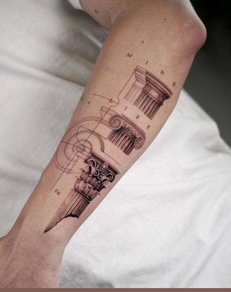 Architecture Inspired Tattoo, Architecture Sketch Tattoo, Greek Concept Tattoo, Greco Roman Tattoo, Geometric Greek Tattoo, Architectural Tattoos, Acropolis Tattoo, Archeology Tattoo, Iranian Tattoo Ideas