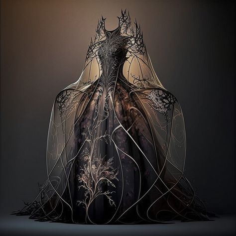 Witch Gown Fantasy Dress, Black Ball Gown Fantasy Aesthetic, Luxury Gothic Prom Gown, Dark Fantasy Gown, Mystical Dresses, Fantasy Gowns Warriors, Luxury Gothic Cosplay Dresses, Raven Dress Fantasy Gowns, Gown 2023