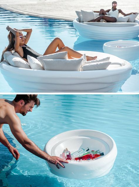 Greek furniture design studio INOMO have created a floating sunbed as part of their first floating furniture collection named 'Waves'. #Sunbed #FloatingSunbed #PoolFurniture Swimming Pool Furniture, Greek Furniture, Floating Furniture, Pool Bed, Inflatable Furniture, Pool Chairs, Floating Bed, Outdoor Living Design, Luxury Pools