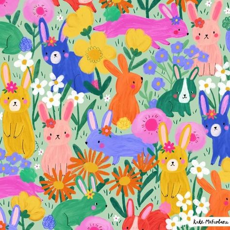 Kate Mcfarlane, Garden Graphic, Toddler Girl Room, Flower Meadow, Kids Pjs, Spring Mood, Blue Pink Purple, Bunny Pattern, Year Of The Rabbit