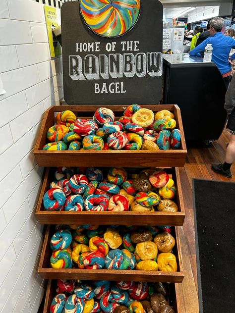 Bagel life | rainbow bagel | liberty bagel | nyc bagels Liberty Bagels Nyc, Nyc Bagels, Rainbow Bagel, Bagels Nyc, Rainbow Bagels, New York City Travel, Christmas Wonderland, Bagels, City Travel