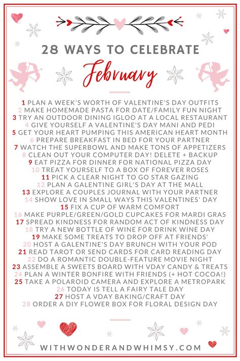 An idea-a-day activity list for the month of February, with lots of fun and creative ways to celebrate Valentine's Day! February Bucket List 2024, Valentine Bucket List, February Bucket List For Kids, Valentines Day Bucket List, Valentine’s Day Bucket List, Valentines Bucket List, February Bucket List Ideas, February To Do List, February Self Care