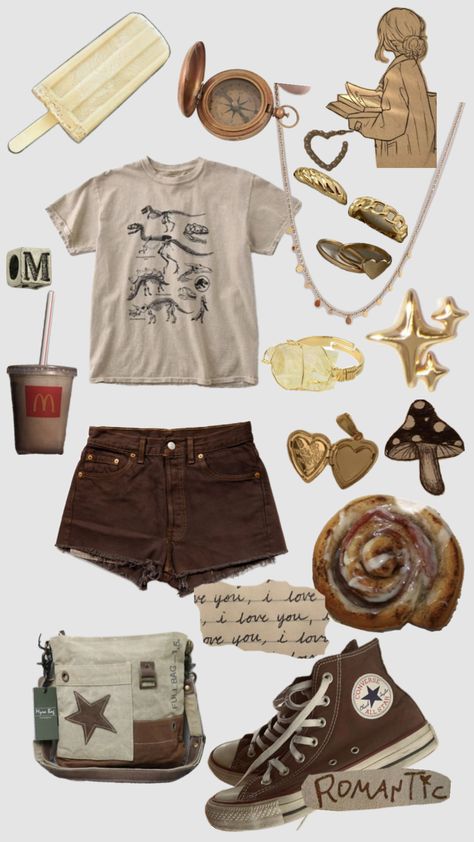 #brown #outfitinspo #dinosaur #vibes Dinosaur Aesthetic Outfit, Dinosaur Inspired Outfit, Dinosaur Outfit Aesthetic, Paleontology Outfit, Paleocore Outfit, Paleontology Aesthetic Outfit, Dragon Core Aesthetic Outfits, Paleontologist Outfit, Sharkcore Outfits