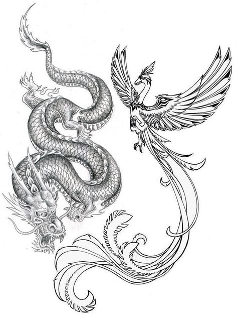 Concept idea for my final tattoo - preferably with a more Chinese style phoenix, to go on the left side of my back. Looking to get this done at Inkdependent Tattoos.     Associated with Chinese symbolism, both the dragon and phoenix are used in wedding ceremonies Dragon Phoenix Tattoo, Dragon And Phoenix Tattoo, Phoenix Tattoo Meaning, Phoenix And Dragon, Miniature Tattoos, Geisha Tattoos, Dragon Tattoo Meaning, Bodysuit Tattoos, Orca Tattoo