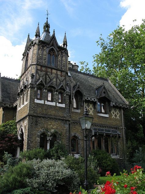 House with a Tower in Holly Village, Swain's Lane and Chester Road, Highgate, North London ✯ ωнιмѕу ѕαη∂у House With A Tower, Holly Village, Gothic Revival House, Castle Doors, Witch House, Gothic House, North London, Wales England, House In The Woods