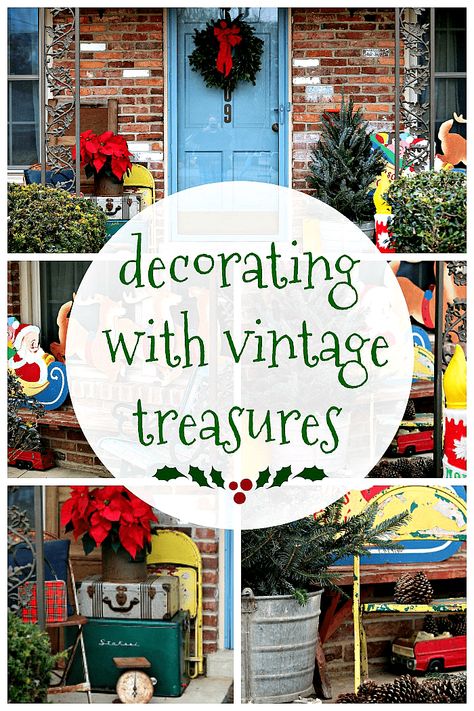 Christmas decorating with vintage treasures by Petticoat Junktion Vintage Christmas Front Porch, Vintage Christmas Yard Decorations, Vintage Porch Christmas Decor, Vintage Outdoor Christmas Decor, Vintage Front Porch Christmas Decor, Vintage Christmas Front Porch Decor, Outdoor Vintage Christmas Decorations, Vintage Christmas Exterior Decor, Vintage Christmas Porch Decorating Ideas