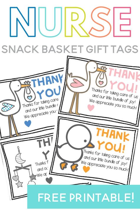 Labor and Delivery nurses are such special people! if you are preparing to have a baby and want to make the nurses feel extra appreciated, put together a special snack basket just for them! This post contains ideas and free nurse snack basket tags. Tags are included for a baby girl, a baby boy, multiples and a gender neutral tag! Nurse Basket Thank You, Postpartum Nurse Gift Basket, Labor And Delivery Thank You, Nurse Thank You Gift Basket, Nurse Delivery Basket, Thank You For Labor And Delivery Nurses, Hospital Basket For Nurses, Nurse Snack Basket, Nurses Basket Ideas