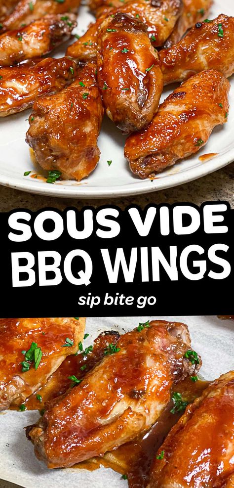 Love barbecue sauce? These tangy sous vide bbq chicken wings are easy to air fry, grill, or broil finish. A sous vide recipe for a crowd, for sure. | sipbitego.com #sousvide #sousvidecooking Sous Vide Appetizers, Sous Vide Bbq Chicken, Sous Vide Chicken Wings, Sous Vide Fried Chicken, Bbq Wings Recipe, Barbecue Chicken Wings, Bbq Chicken Wings Recipe, Easy Chicken Wing Recipes, Sous Vide Chicken