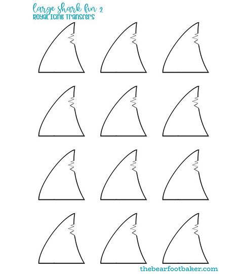 How to Make Shark Fin Cookie Decorations | The Bearfoot Baker Shark Fin Template Printable, Shark Fin Cupcakes, Shark Cupcakes, Shark Party Decorations, Shark Boy, Icing Transfers, Happy Shark, Shark Cookies, Cut Out Cookie Recipe