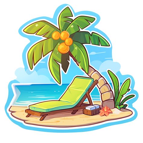 Cute Kawaii Summer Beach Vocation with Sun Lounger and Palm Trees Sticker Beach Sun Illustration, Breeze Illustration, Thumbprint Painting, Palm Tree Sticker, Doodles Ideas, Kawaii Summer, Beach Cake, Chair Drawing, Beach Drawing