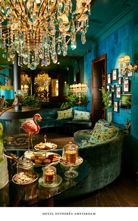 Hotel Estheréa Amsterdam – Complimentary sweets, candy, coffee and tea in the Blue Butterfly Room. Moody Maximalist, Lounge Green, Tea Room Decor, Butterfly Room, Maximalist Interior, Bohemian Room, Living Room Partition, Green Room, Maximalist Decor