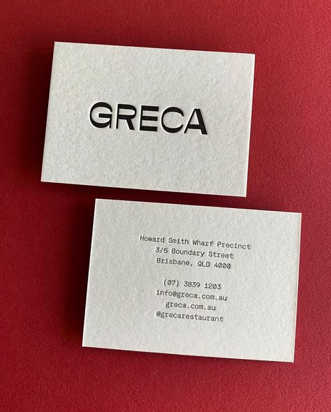 Greca – Hungry Workshop Business Card Letterpress, Artistic Business Cards, Business Cards Graphic Design, Letterpress Business Card Design, Minimal Business Card Design, Box Logo Design, Best Business Cards, Typography Business Cards, Creative Business Cards