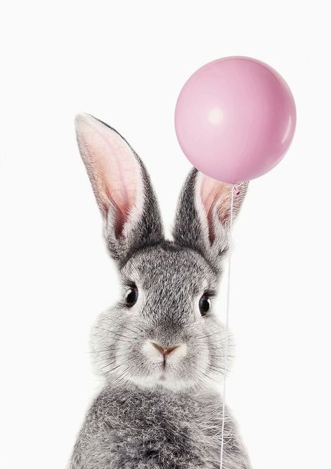 Bunny With Balloon, Bunny Aesthetic, Baby Poster, Lotus Print, 강아지 그림, Bunny Art, Print Studio, Bunny Print, Balloon Wall