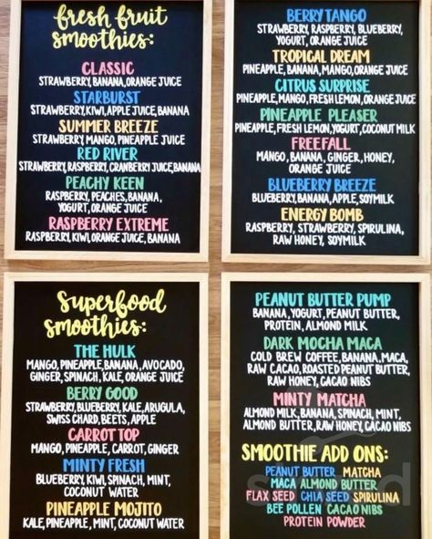 Coffee Shop Smoothie Recipes, Smoothie Menu Ideas, Smoothie Names Ideas, Smoothie Names Creative, Smoothie Menu Board, Smoothie Business Ideas, Smoothie Truck Ideas, Smoothie Shop Interior, Smoothie Bar Home