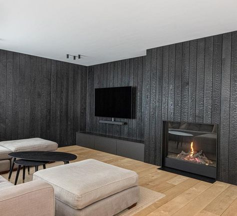 Living room wood panelling in charred wood Panelling In Living Room, Burnt Wood Wall, Timber Frame Extension, Oak Cladding, Reclaimed Wood Ceiling, Bamboo Decking, Wood Wall Panel, Acoustic Ceiling Panels, Wood Panelling