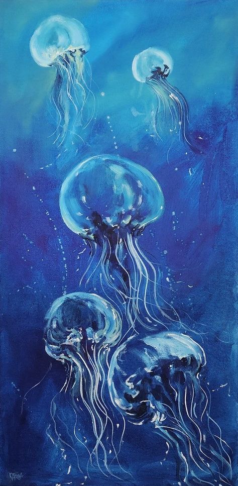 Blue Acrylic Painting Ideas, Jellyfish Canvas Painting, Blue Painting Aesthetic, Acrylic Painting Aesthetic, Ocean Painting Acrylic, Underwater Drawing, Blue Oil Painting, Ocean Oil Painting, Ocean Jellyfish