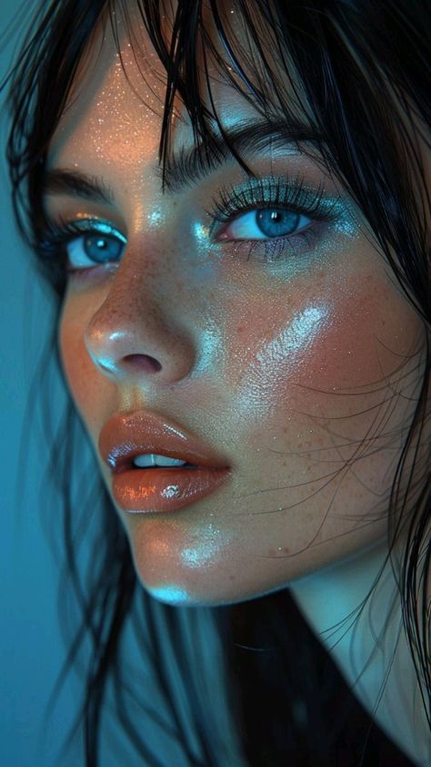 Ocean Eyes Makeup, Wet Eye Look, Skin Color Aesthetic, Mermaid Aesthetic Makeup, Electric Look, Close Up Photography Face, Wet Look Makeup, Wet Makeup Look, Ocean Makeup