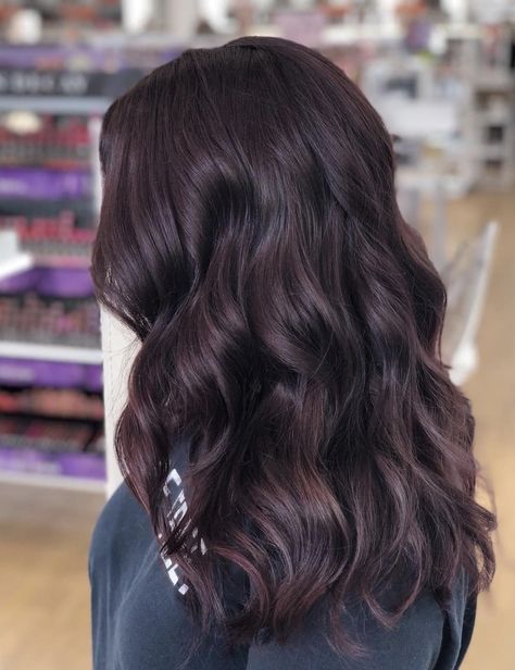 Violet Dark Brown Hair Color, Deep Purple Brown Hair, Toned Dark Brown Hair, Black Hair With Tint, Dark Chocolate Violet Hair, Chocolate Plum Hair, Brown Plum Hair, Flattering Nail Colors, Chocolate Lavender Hair Color