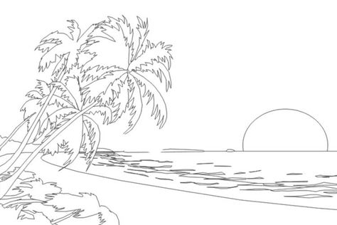 Land Scape Drawing Reference, Sunset Sketch, Palm Tree Outline, Sunset Black And White, Drawing Sunset, Basic Art, Beach Drawing, Disney Drawings Sketches, Isometric Drawing