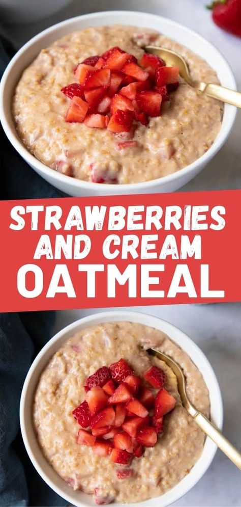 Strawberries and Cream Oatmeal is a great option for breakfast. Oats are mixed with milk and freshly chopped strawberries for a hearty way to start your day. This recipe can be easily adapted to make it vegan and dairy-free too! Fruit And Cream Oatmeal, Oatmeal With Strawberries Healthy, Oatmeal Recipes Strawberry, Strawberry Oatmeal Recipes, Strawberry And Cream Oatmeal, Homemade Strawberry Oatmeal, Summer Oatmeal Recipes, Oatmeal With Strawberries, Strawberry Oats