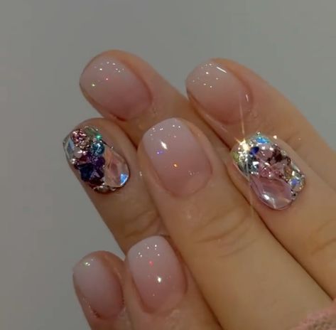 Short Swarovski Nails, Short Nails Crystals Designs, Short Nails Jewels, Short Unique Nails, Cristal Nails, Nails With Crystals, Almond Acrylic Nails Designs, Natural Nail Designs, Her Nails