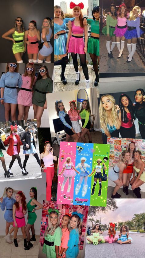 A collage of girl groups dressed as Powerpuff Girls characters Blossom, Bubbles, and Buttercup, showcasing a variety of colorful and fun costume ideas for group Halloween outfits. Halloween Costume Ideas Superhero, Halloween Costumes Girl Trio, Powerpuff Girls Costume College, Blossom Powerpuff Outfit, Bubbles Powerpuff Girls Costume, Blossom Powerpuff Girl Costume, Blossom Powerpuff Costume, Powder Puff Girls Costume, Halloween Costumes Trio Girls