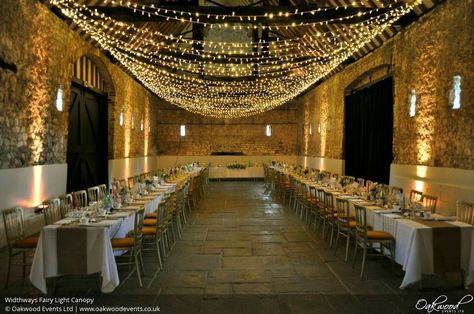 Fairy Canopy, Fairy Lights Ceiling, Barn Wedding Lighting, Canopy Ceiling, Wedding Reception Layout, Fairy Lights Wedding, Wedding Reception Lighting, Wedding Reception Dinner, Wedding Ceiling