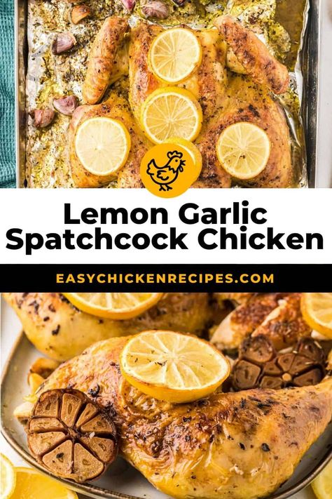 Lemon Herb Spatchcock Chicken, Lemon Spatchcock Chicken, Stewed Whole Chicken Recipes, Whole Lemon Chicken, Spatchcock Chicken Recipes, Lemon Meals, Spatchcock Chicken Oven, Entree Ideas, Cooking Whole Chicken