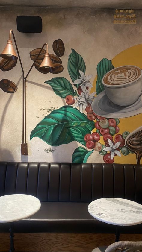 Mural Coffee Shop Wall Art, Coffee Shop Wall Design, Mod Bathroom, Cafeteria Vintage, Kitchen Mural, Mural Cafe, Coffee Art Painting, Bathroom Mural, Shop Wall Art