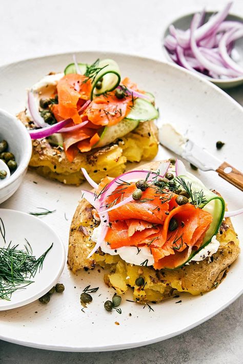 Smashed Potatoes Everything Bagel With Smoked Salmon Downshiftology Recipes, Bagel Flavors, Lox Bagel, Best Healthy Breakfast, Smoked Salmon Frittata, Spiralized Sweet Potato, Foods For Abs, Lox And Bagels, Fresh Breakfast