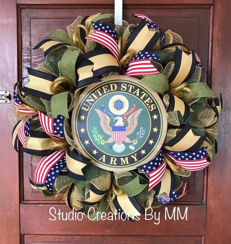 Veterans Wreath, Army Wreath, Military Crafts, Army Crafts, Military Wreath, Army Party, Summer Mesh Wreaths, Military Decor, Army Strong