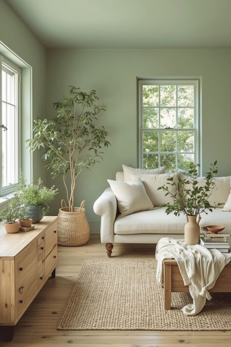 Revamp your space with the top 9 paint colors predicted to dominate 2025! From bold hues to calming tones, these shades are perfect for modern and classic interiors. #PaintTrends2025 #InteriorInspo #HomeDecor. Sage Color Decor, Light Sage Walls Living Room, Beige Room With Green Accents, Green House Paint Interior, Color Pallet With Sage Green, Living Room With Light Green Walls, Green Wall Color Palette, Paint Shades For Living Room, Light Green Basement